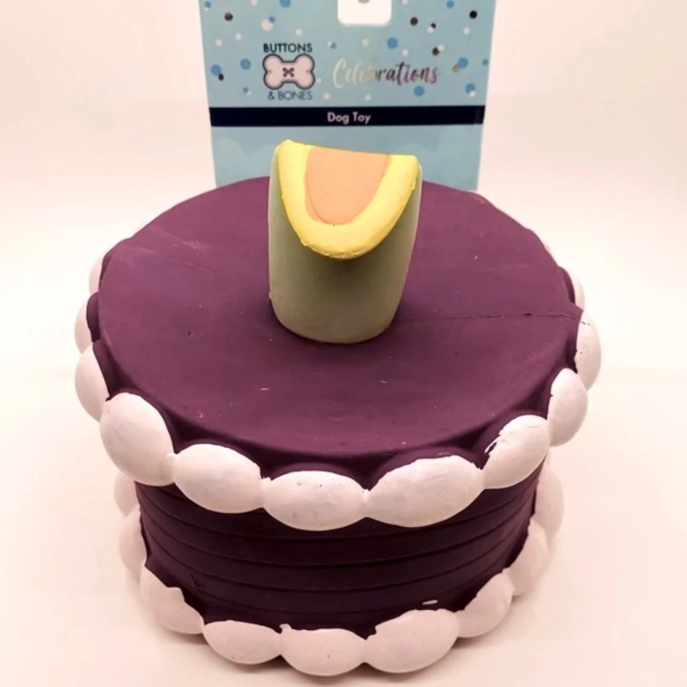 NWT Buttons & Bones Celebrations Dog Birthday Cake Squeak Toy Purple w/C…